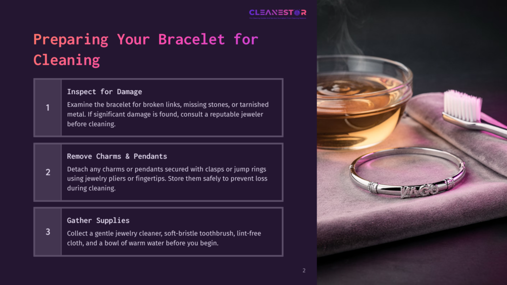 2 Preparing Your Bracelet For Cleaning A Silver Bracelet With The Word &Quot;Lagos&Quot; Rests Near A Bowl Of Warm Water And Cleaning Supplies, Including A Cloth And A Toothbrush.