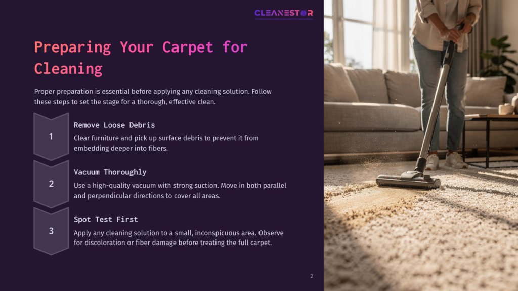 A Person Vacuums A Plush, Beige Carpet, Preparing It For Cleaning. The Image Shows A Close-Up Of The Vacuum Cleaner On The Rug, With The Text &Quot;Cleanestor&Quot; And &Quot;Preparing Your Carpet For Cleaning&Quot; Visible.