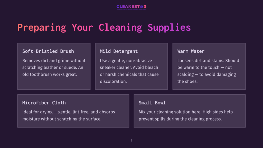 2 Preparing Your Cleaning Supplies Four Visually Distinct Boxes On A Dark Background Feature Cleaning Supplies: Brush, Detergent, Warm Water, And Cloth, With Descriptions.
