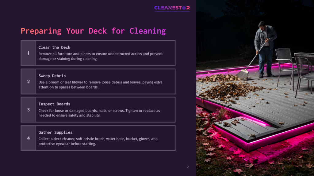 A Deck Surrounded By Fallen Leaves, With Cleaning Supplies Like A Broom And Brush Laid Out, Illuminated By Pink Lighting.