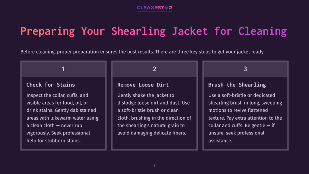 Infographic With Three Steps For Preparing A Shearling Jacket For Cleaning: Check For Stains, Remove Loose Dirt, And Brush The Shearling. The Text &Quot;Cleanestor&Quot; Is At The Top.
