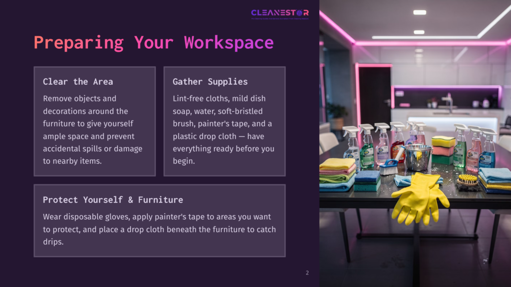 A Colorful Workspace Setup With Cleaning Supplies Including Sprays, Cloths, A Sponge, And Yellow Gloves On A Table With A Purple Backdrop.