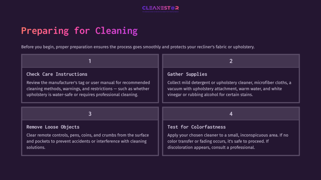 Purple Background With White And Pink Text Outlining Cleaning Preparation Steps For Recliners, Including Checking Care Instructions And Gathering Supplies.