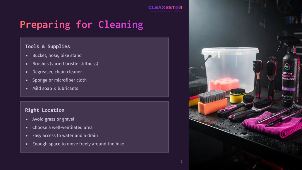 A Cleaning Setup With A Bucket, Brushes, Sponges, And Cloths On A Dark Surface, Alongside Instructions For The Right Cleaning Location.