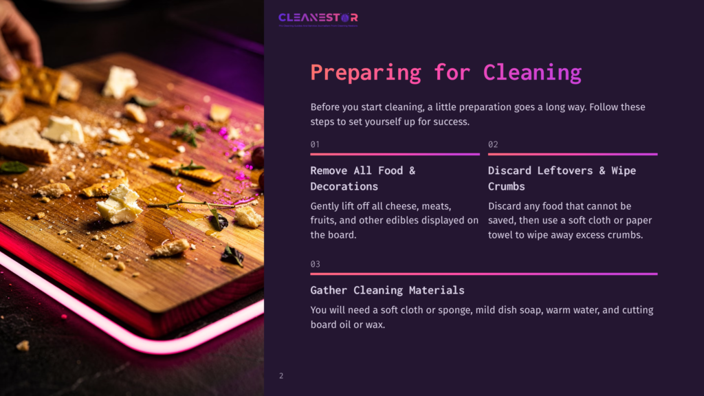 A Wooden Cutting Board With Scattered Cheese, Crackers, And Crumbs, Illuminated By Purple And Pink Led Lights. Text Overlay Reads &Quot;Cleanestor&Quot; And &Quot;Preparing For Cleaning.