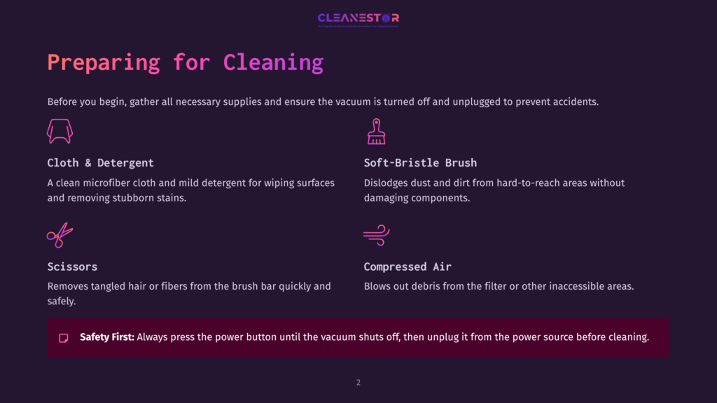 Illustration Of Cleaning Supplies For A Vacuum Cleaner: Microfiber Cloth And Detergent, Soft-Bristle Brush, Scissors, And Compressed Air. Text Reads &Quot;Preparing For Cleaning&Quot; And &Quot;Safety First: Always Press The Power Button Until The Vacuum Shuts Off, Then Unplug It From The Power Source Before Cleaning.