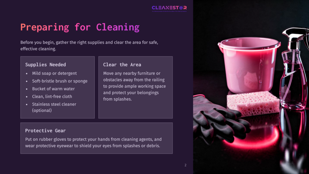 Pink Cleaning Bucket, Black Gloves, Pink Sponge, And Spray Bottle On A Dark Reflective Surface. Text Overlay: &Quot;Cleanestar&Quot;, &Quot;Preparing For Cleaning&Quot;, &Quot;Supplies Needed&Quot;, &Quot;Clear The Area&Quot;, &Quot;Protective Gear&Quot;.