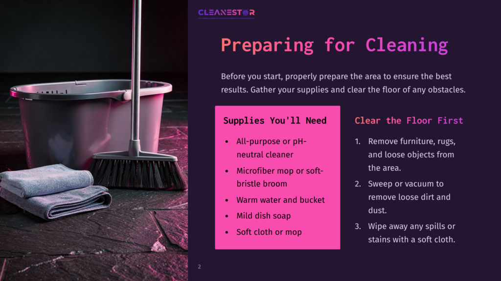 A Cleaning Bucket And Broom Stand On A Dark, Textured Floor Next To Neatly Folded Blue Microfiber Cleaning Cloths, With Text Overlay &Quot;Preparing For Cleaning&Quot;.