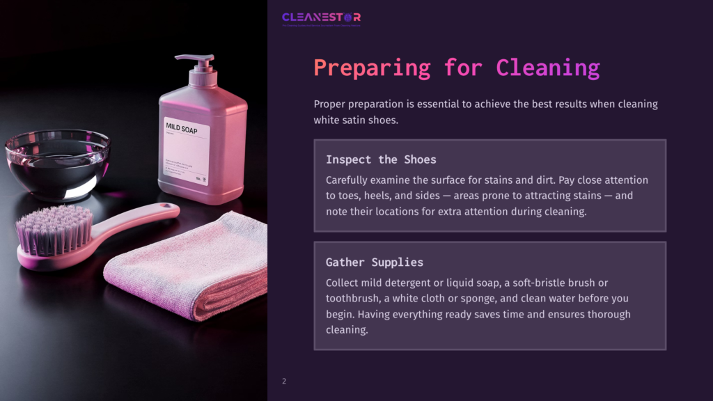 A Bottle Of Mild Soap, A Soft Brush, And A Microfiber Cloth Are Arranged On A Dark Purple Surface, Ready For Cleaning White Satin Shoes.