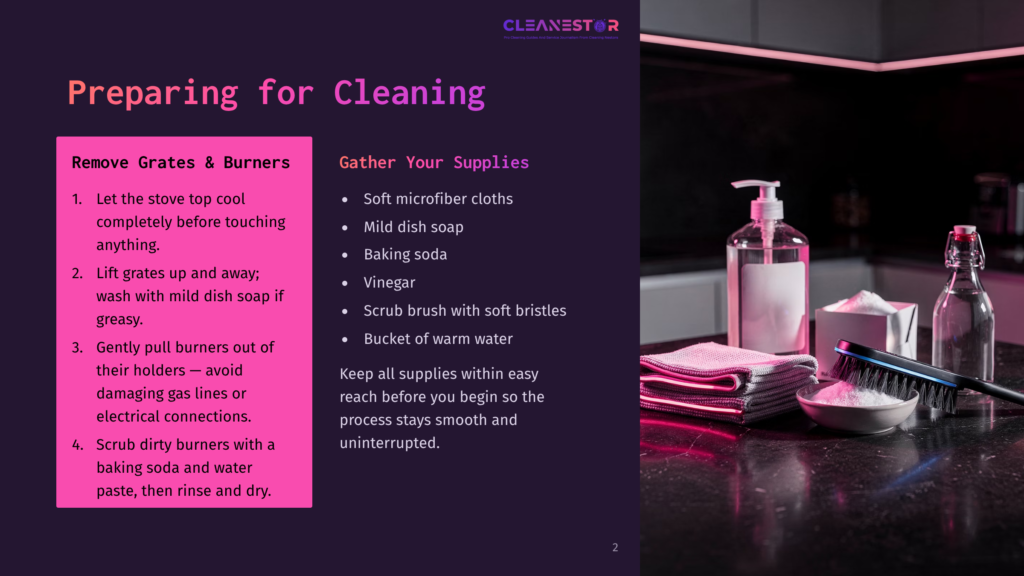Two Pink Microfiber Cloths And A Bottle Of Dish Soap Placed Beside A Scrubbing Brush On A Black Countertop With Stove Grates.