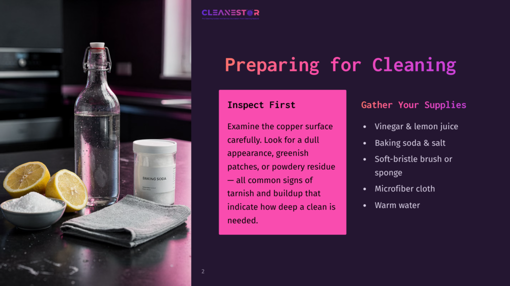 2 Preparing For Cleaning 20 A Still Life Scene Shows A Glass Bottle Of Clear Liquid, A Jar Of Baking Soda, Two Lemons, And A Grey Microfiber Cloth On A Dark Countertop, With Text Overlay &Quot;Preparing For Cleaning&Quot; And &Quot;Inspect First&Quot;.