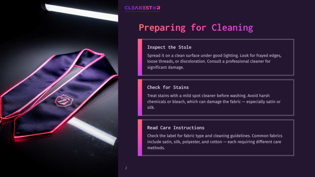 A Purple Graduation Stole With Pink Trim Laid Flat On A Surface, Alongside Text Boxes Detailing Cleaning Instructions And Care Tips.
