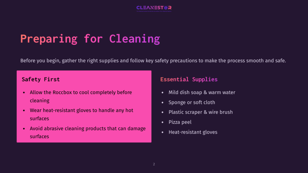 Text On A Dark Background Provides Cleaning Safety Tips And Essential Supplies For Maintaining A Gozney Roccbox, Highlighted In Pink.
