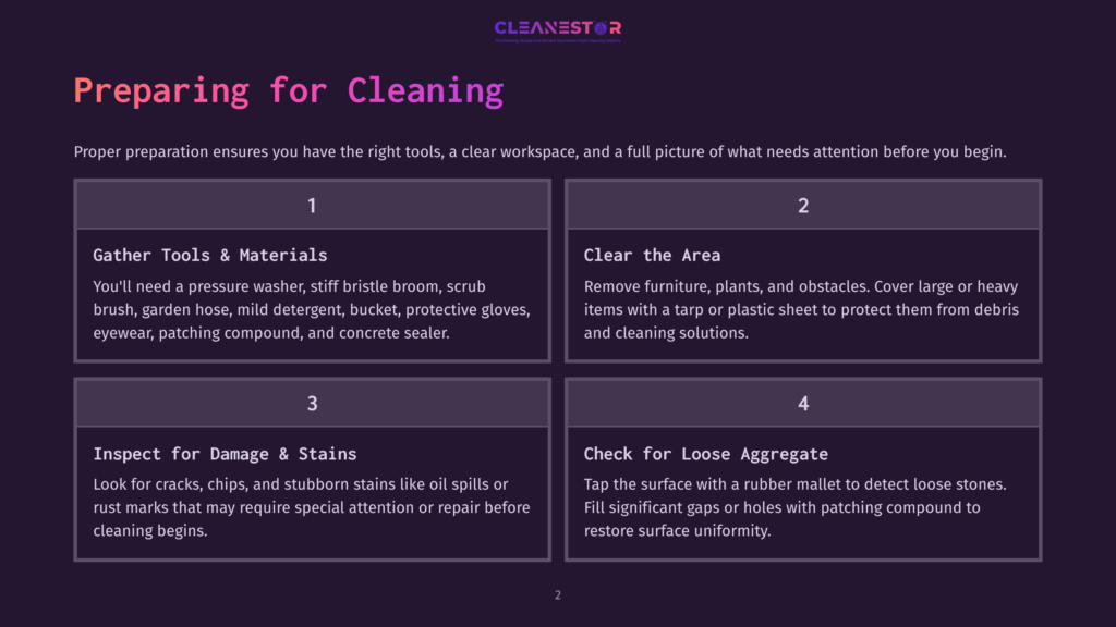 Instructions With Numbered Steps For Cleaning Exposed Aggregate Concrete, Featuring Bullet Points, A Purple Background, And Icons Illustrating Tools And Tasks.