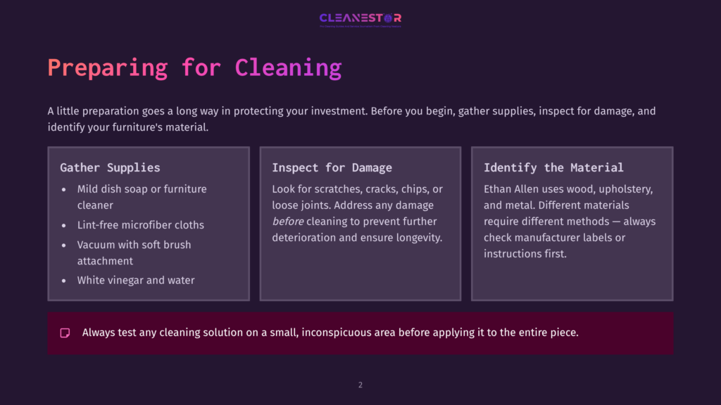 Instructional Graphic Featuring Three Sections: &Quot;Inspect For Damage,&Quot; &Quot;Identify The Material,&Quot; And &Quot;Gather Supplies,&Quot; With A Purple And White Color Scheme.