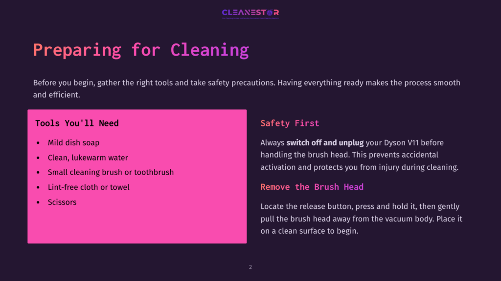 Bright Pink And Purple Text On A Dark Background Outlines Cleaning Tools Like Mild Dish Soap, Water, A Brush, And Scissors, With Safety Tips.