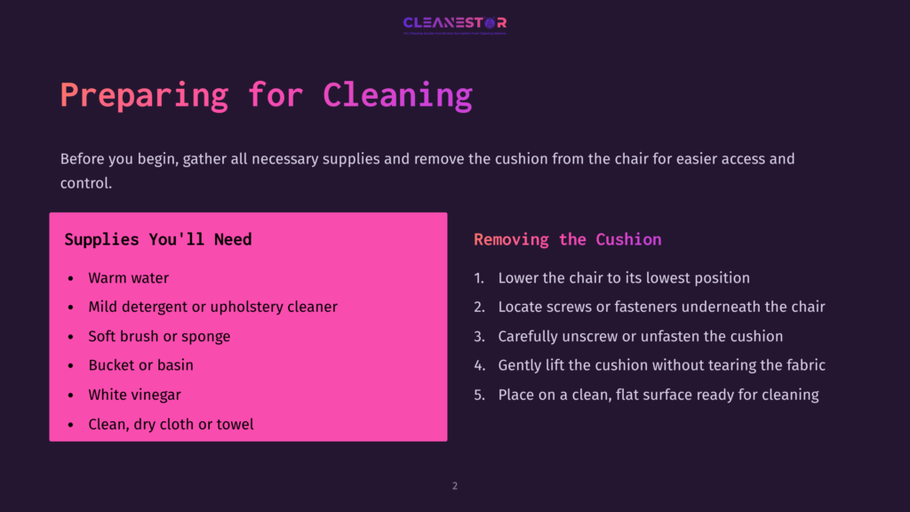 Checklist For Cleaning An Office Chair Cushion, Featuring Supplies Like Warm Water, Dish Soap, And A Sponge On A Pink Background.