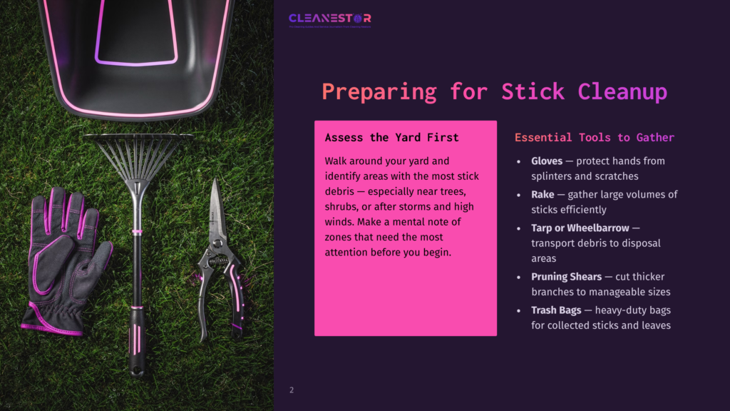 Gardening Tools For Yard Cleanup: Purple Gloves, A Rake, And Pruning Shears Laid Out On Green Grass Beside A Large, White, Modern-Looking Leaf Blower. Text Overlay: &Quot;Cleanestor&Quot; And &Quot;Preparing For Stick Cleanup&Quot;.