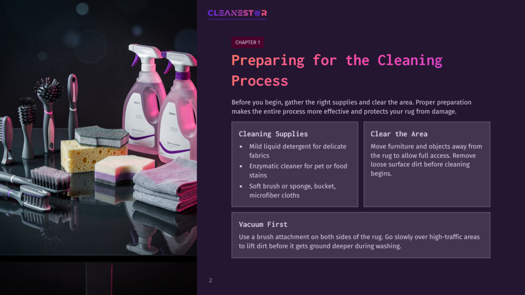 Spray Bottles Of Cleaner, Sponges, And Brushes Arranged On A Dark Surface, With Cleaning Instructions Visible Beside Them.