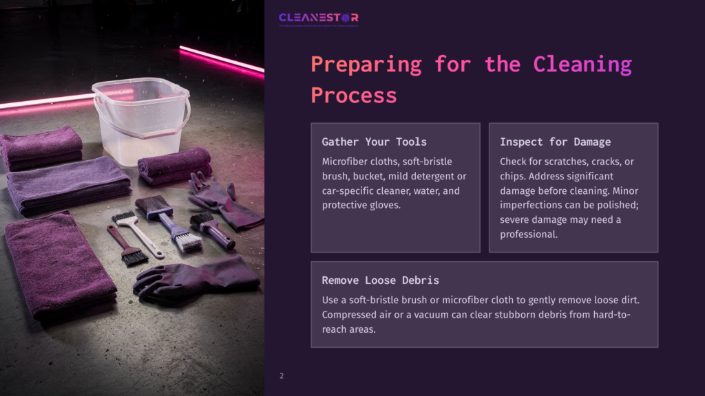 Purple Microfiber Cloths, Detailing Brushes, And Gloves Are Laid Out Next To A Clear Plastic Bucket Of Water On A Concrete Floor, Ready For Car Cleaning. Text Reads &Quot;Cleanestor&Quot; And &Quot;Preparing For The Cleaning Process.