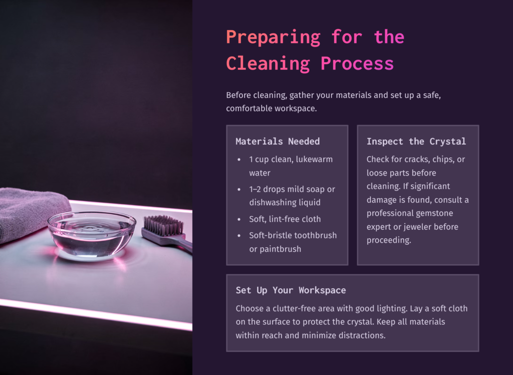 2 Preparing For The Cleaning Process 4 Preparing For Crystal Cleaning: A Bowl Of Clear Water, A Soft Brush, And A Purple Towel On A Light Surface.