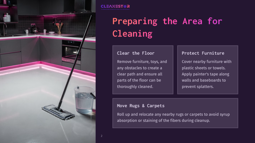 Modern Kitchen With Sleek Grey Cabinets, A Mop And Bucket, And The Text &Quot;Cleanestor Preparing The Area For Cleaning&Quot;.