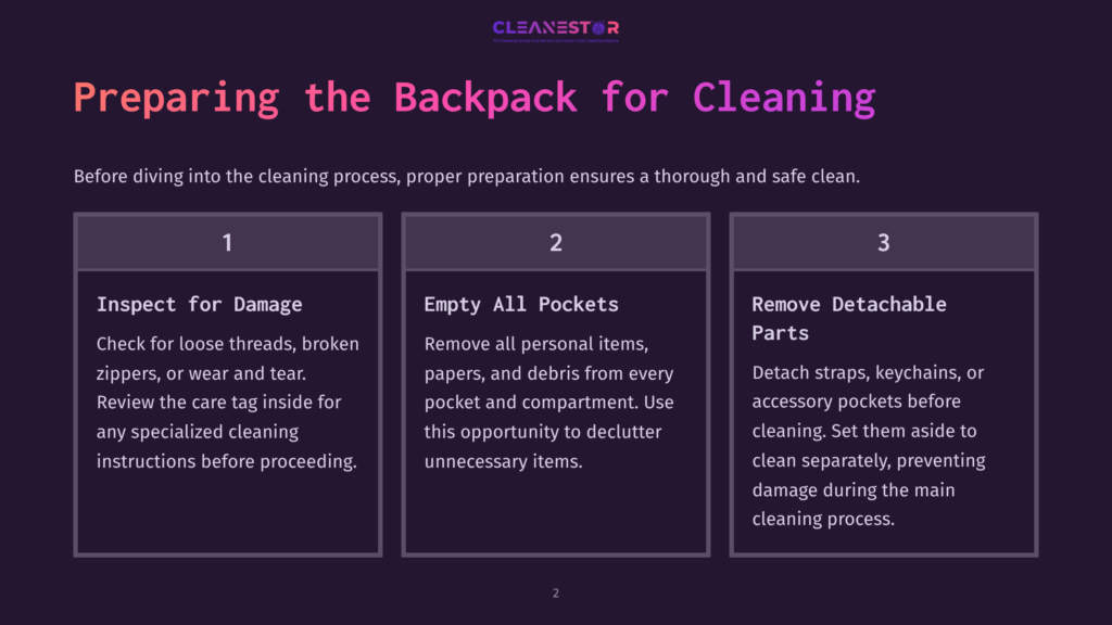 Graphic With A Dark Background, Featuring Three Numbered Steps In White Text About Preparing A Backpack For Cleaning, With Icons For Each Step.