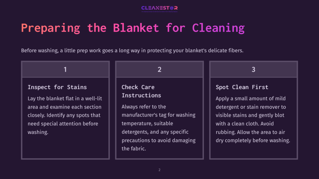 A Guide With Numbered Steps On Cleaning A Blanket, Featuring Text In White And Purple Against A Dark Background, With Icons For Each Step.