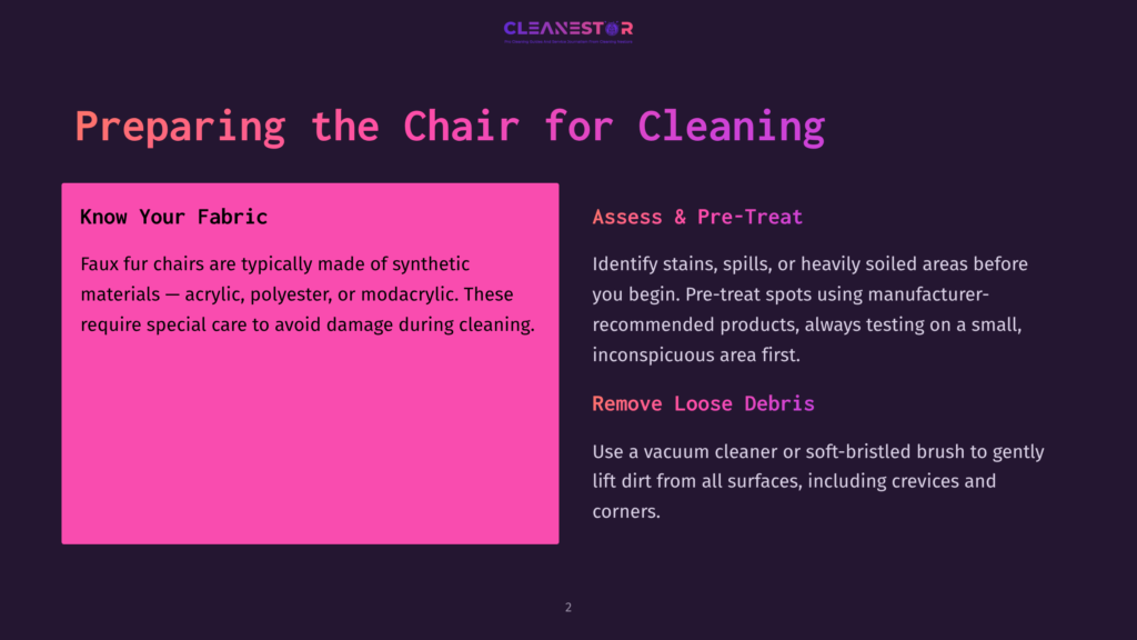 Bold Pink Box Highlights Fabric Cleaning Tips, With A Dark Purple Background. Text Discusses Assessing Stains And Removing Debris.