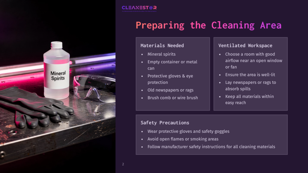 2 Preparing The Cleaning Area A Workspace With A Bottle Of Mineral Spirits, Gloves, A Brush, And Safety Instructions On A Dark Surface, With Dim Lighting.