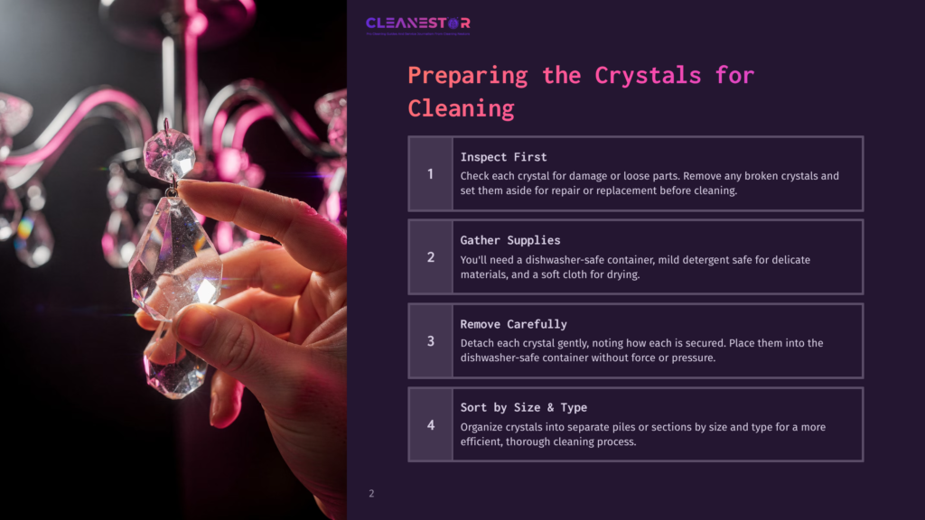 A Hand Carefully Holds A Crystal From A Chandelier, With An Elegant Pink Chandelier In The Background And Cleaning Instructions Visible.
