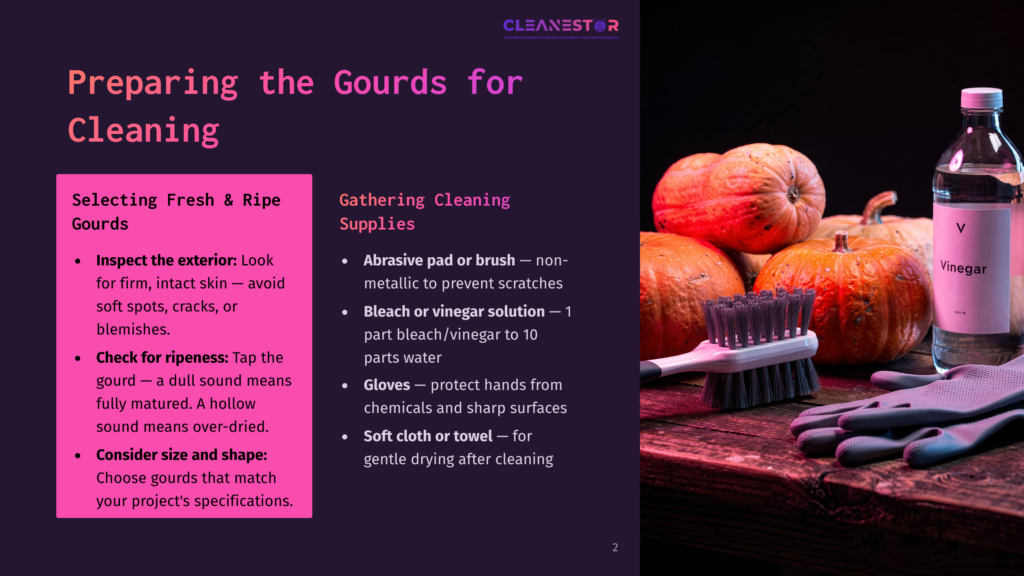 A Vibrant Display Of Orange And Striped Gourds Beside Cleaning Supplies, Including A Brush, Vinegar, And A Cloth, Against A Dark Background.