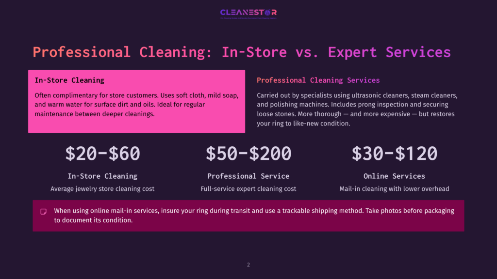 Comparison Of Jewelry Cleaning Services: &Quot;In-Store Cleaning&Quot; With Pink Background And &Quot;Professional Cleaning Services&Quot; With Purple Background, Detailing Costs And Descriptions For In-Store, Professional, And Online Services.