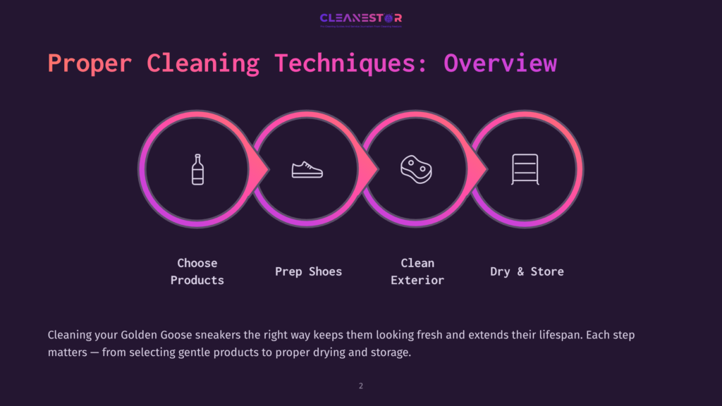 Four Circular Icons Connected By Lines On A Dark Background: A Bottle, A Shoe, A Cleaning Brush, And A Drying Rack, With Text On Cleaning Techniques.