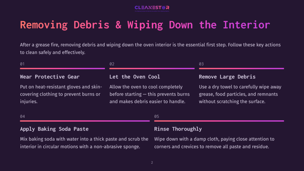 Infographic Titled &Quot;Removing Debris &Amp; Wiping Down The Interior&Quot; From Cleanestor, Detailing Steps For Cleaning An Oven After A Grease Fire: Wear Protective Gear, Let The Oven Cool, Remove Large Debris, Apply Baking Soda Paste, Rinse Thoroughly.
