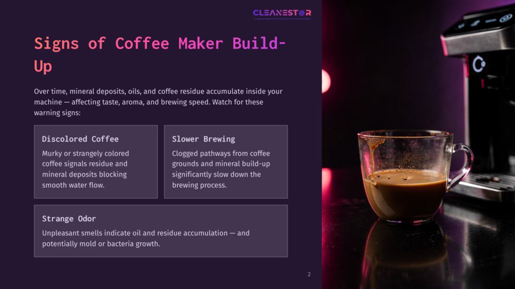 Close-Up Of A Steaming Cup Of Coffee With Rich Crema, Next To A Modern Coffee Maker With A Dark Metallic Finish. The Image Highlights Signs Of Coffee Maker Build-Up, Such As Discolored Coffee And Strange Odors.