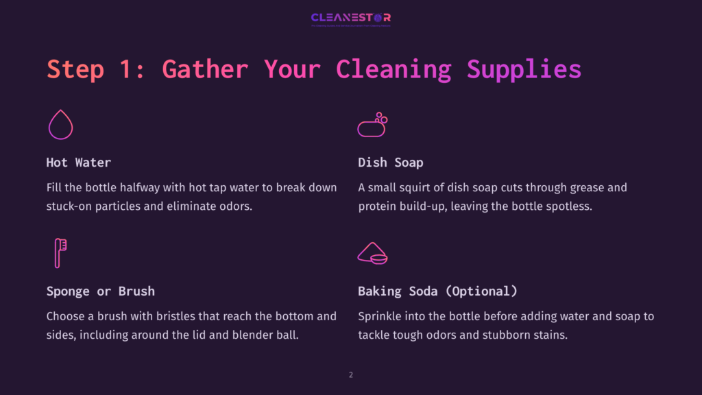 Step 1: Visual Instructions Featuring Hot Water, Dish Soap, Sponge, And Optional Baking Soda With A Dark Background And Vibrant Text.