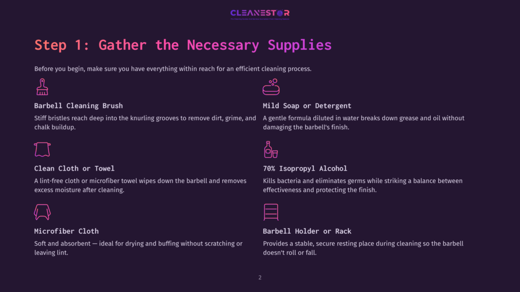 Step 1: Gather The Necessary Supplies. Icons And Text Describe Items For Cleaning A Barbell: Barbell Brush, Mild Soap Or Detergent, Clean Cloth Or Towel, 70% Isopropyl Alcohol, Microfiber Cloth, And Barbell Holder Or Rack.