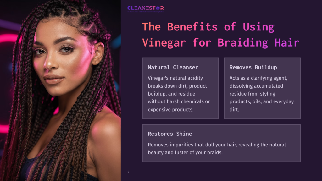 Close-Up Of A Woman With Intricate Braided Hair, Showcasing Detailed Styling. Text On The Right Highlights &Quot;The Benefits Of Using Vinegar For Braiding Hair,&Quot; Detailing Natural Cleanser, Removes Buildup, And Restores Shine.
