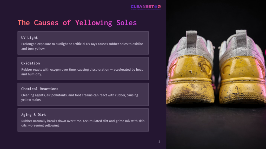 Close-Up Of Two Yellowed, Dirty, And Aged Sneakers With White Laces And Grey Accents. The Soles Are Heavily Discolored And Stained, Illustrating The Causes Of Yellowing Soles In Footwear.