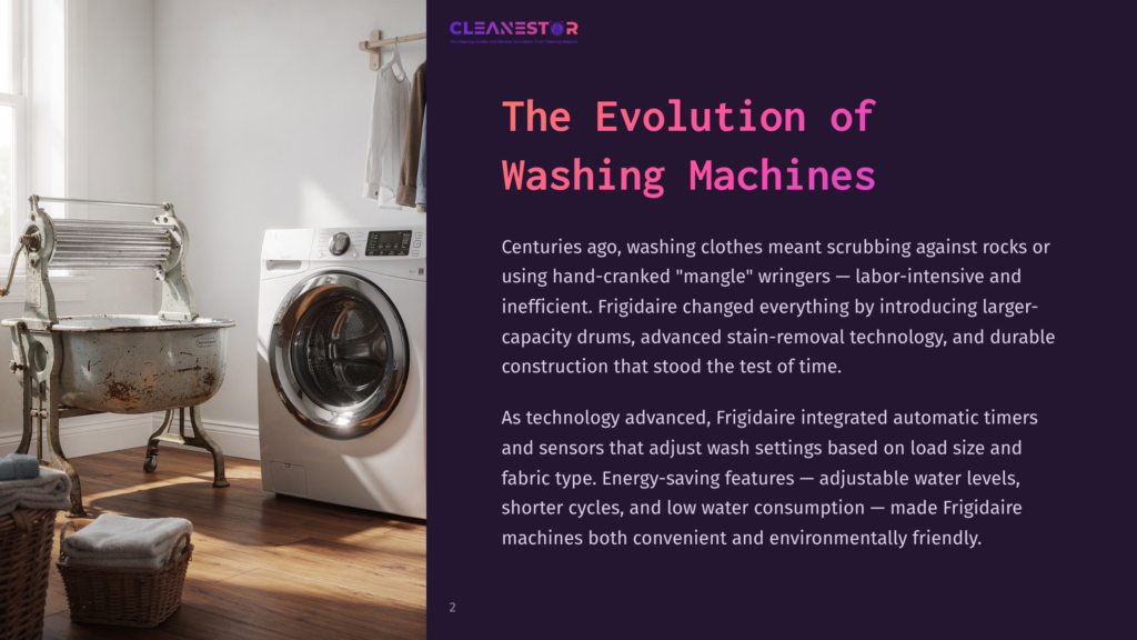 2 The Evolution Of Washing Machines A Vintage Washing Machine Sits Next To A Modern Frigidaire Washing Machine, Illustrating The Evolution Of Washing Machines From Manual Labor To Advanced Technology.
