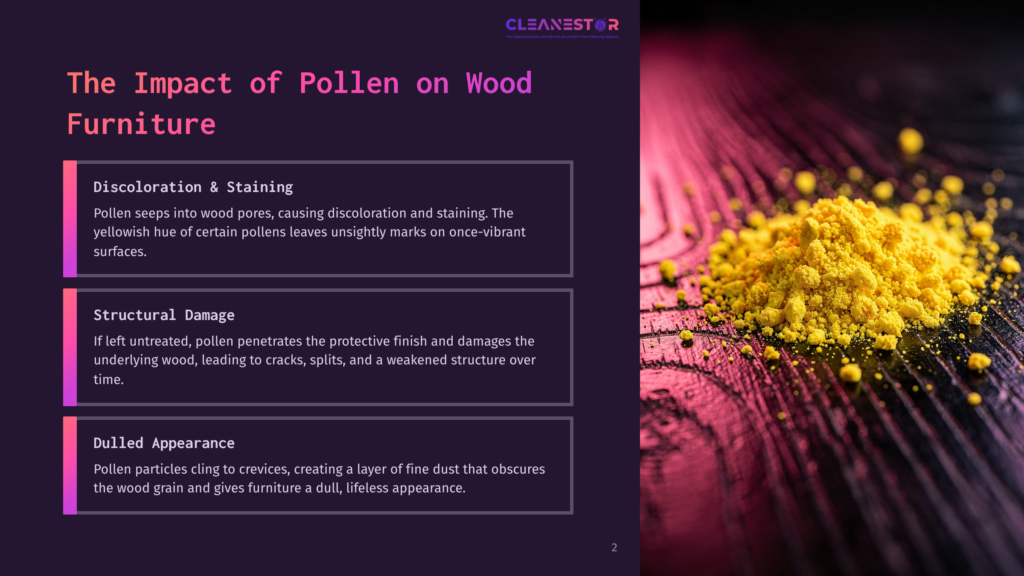 2 The Impact Of Pollen On Wood Furniture A Close-Up Macro Shot Of Bright Yellow Pollen Powder Piled On A Dark, Textured Wooden Surface With A Pink And Purple Gradient Background, Illustrating The Impact Of Pollen On Furniture.