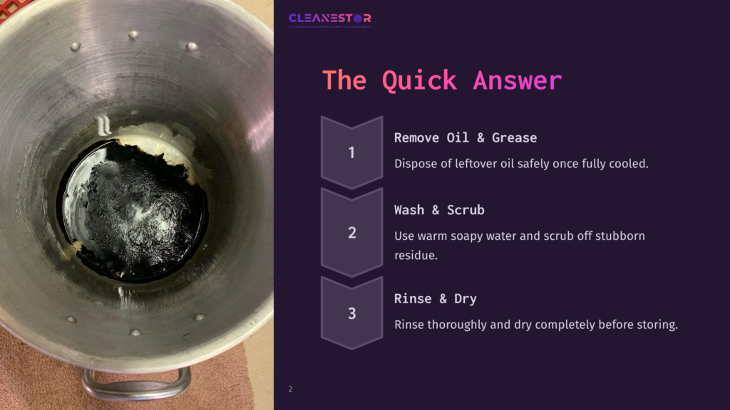 A Large, Greasy Pot With Dark Oil Residue, Next To A Graphic With Cleaning Instructions: &Quot;Remove Oil &Amp; Grease,&Quot; &Quot;Wash &Amp; Scrub,&Quot; And &Quot;Rinse &Amp; Dry.