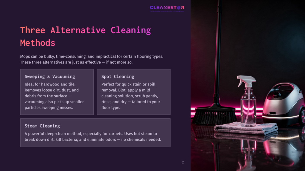 A Purple And Blue Layout Featuring A Broom, Vacuum, And Steam Cleaner With Cleaning Solution Bottles, Highlighting Cleaning Methods.