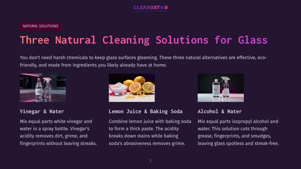 Three Containers With Natural Cleaning Solutions: Vinegar, Lemon Halves With Baking Soda, And A Spray Bottle With Water. Background In Dark Purple.