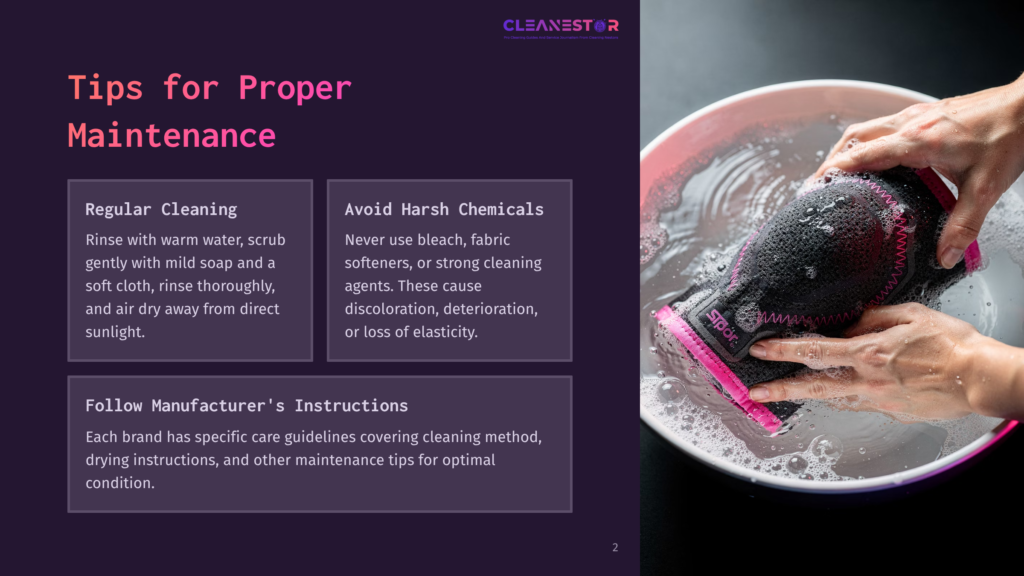 A Neoprene Knee Brace Being Scrubbed In A Bowl Of Warm Soapy Water, With Text Tips On Proper Maintenance Beside It.