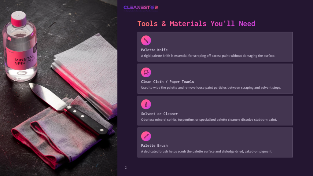 Tools For Cleaning A Palette Knife: Mineral Spirits Bottle, Palette Knife, And Microfiber Cloths On A Dark Background.