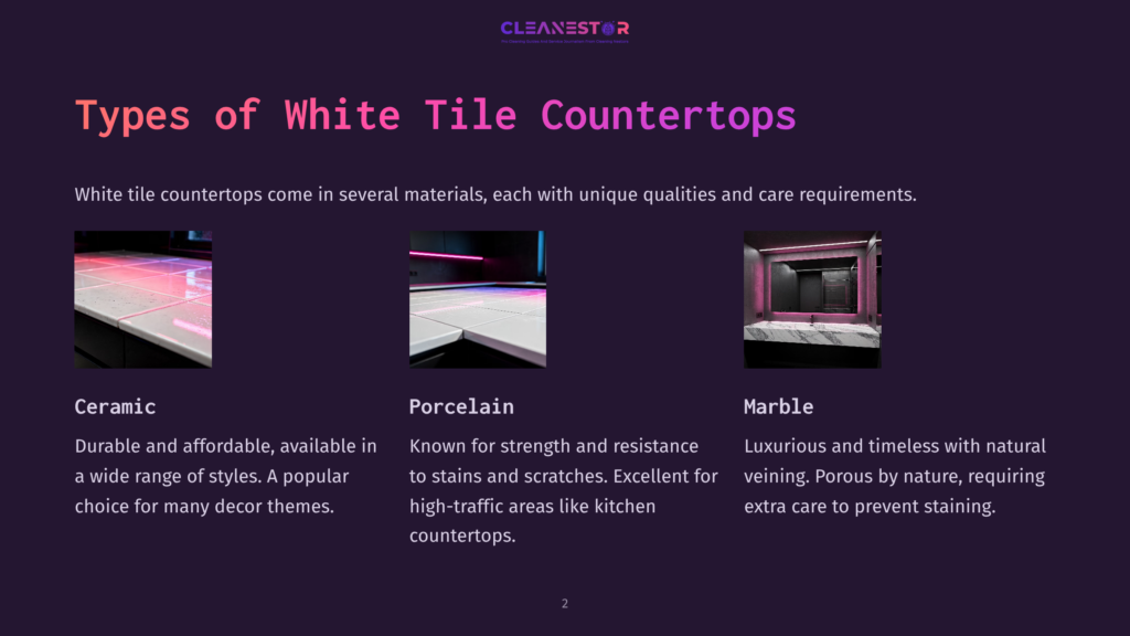 Three Countertop Samples: Glossy White Ceramic Tiles, Matte White Porcelain Tiles, And White Marble With Prominent Grey Veining, Showcasing Different Kitchen Countertop Materials.