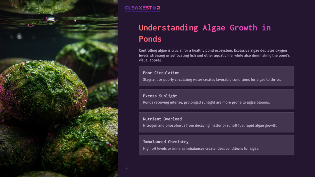 Lush Green Algae-Covered Rocks Submerged In Clear Pond Water, With Text Boxes Outlining Factors Contributing To Algae Growth.