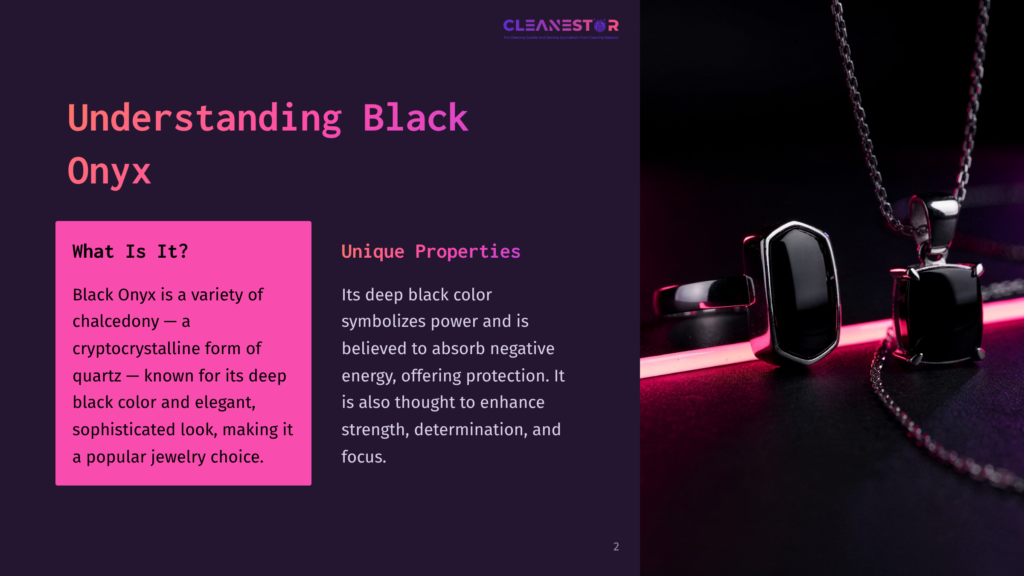 Close-Up Of A Black Onyx Pendant And Matching Earrings On A Silver Chain, Set Against A Dark Background With Neon Pink Lighting. The Text &Quot;Cleanestor&Quot; Is Visible At The Top.